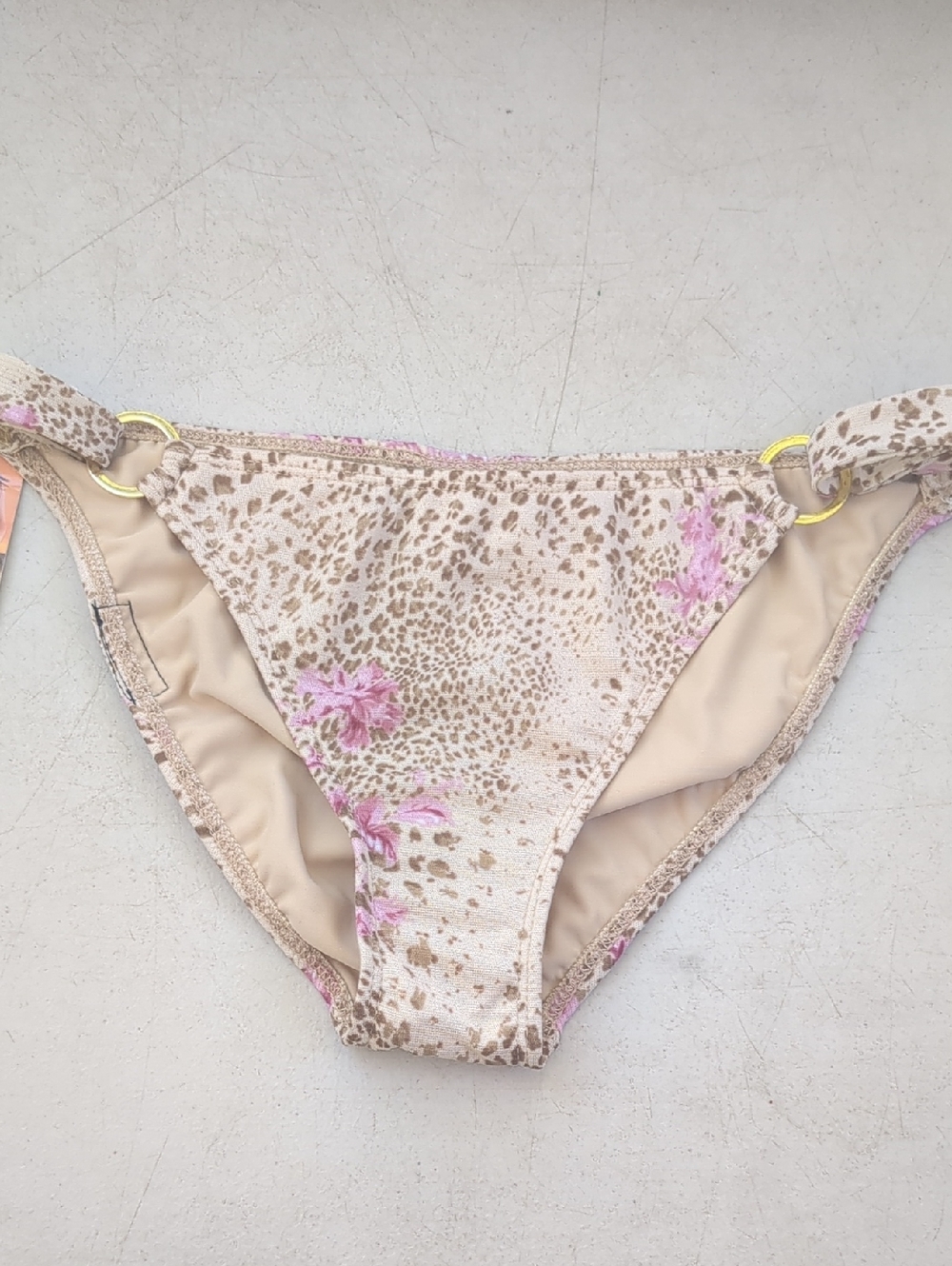 Nicolita Beige Leopard Floral Bikini Bottom with Pink Flowers